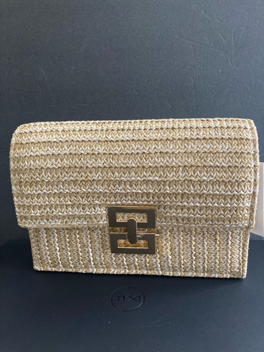 Woven Raffia  Shoulder Bag with Gold Turn-Lock